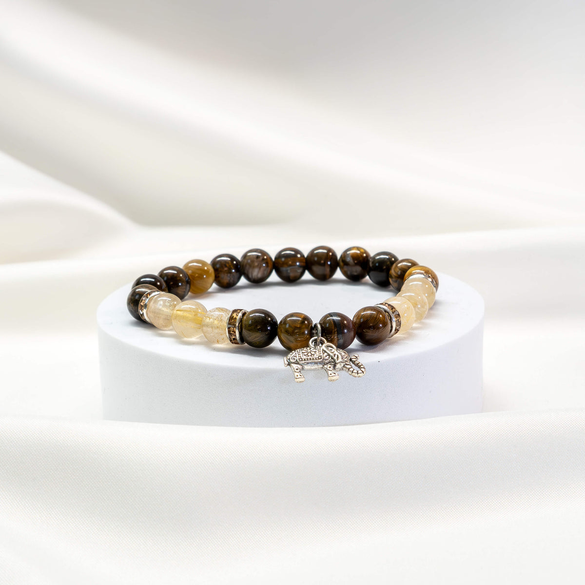 Armband Tigerauge/Rutilquarz mit Elefant