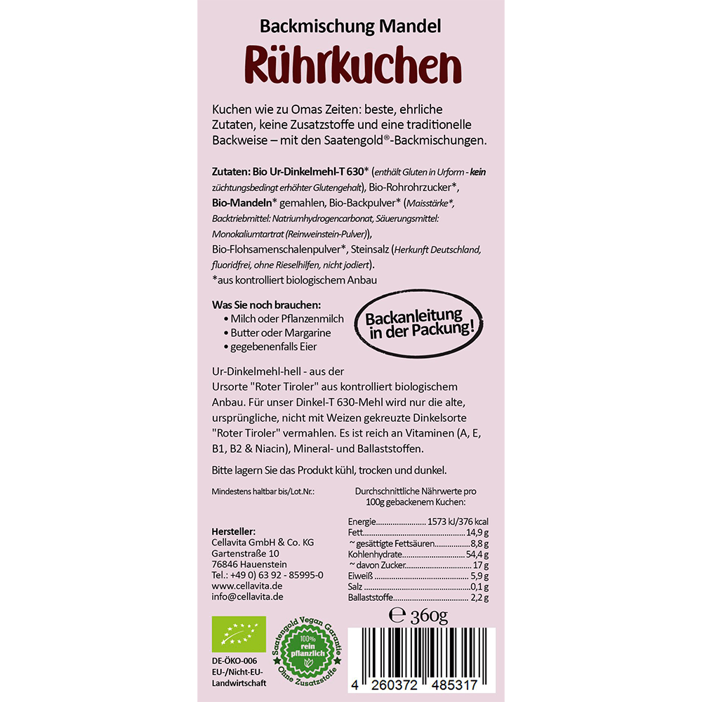 Bio Mandelkuchen Backmischung Ur-Dinkel hell