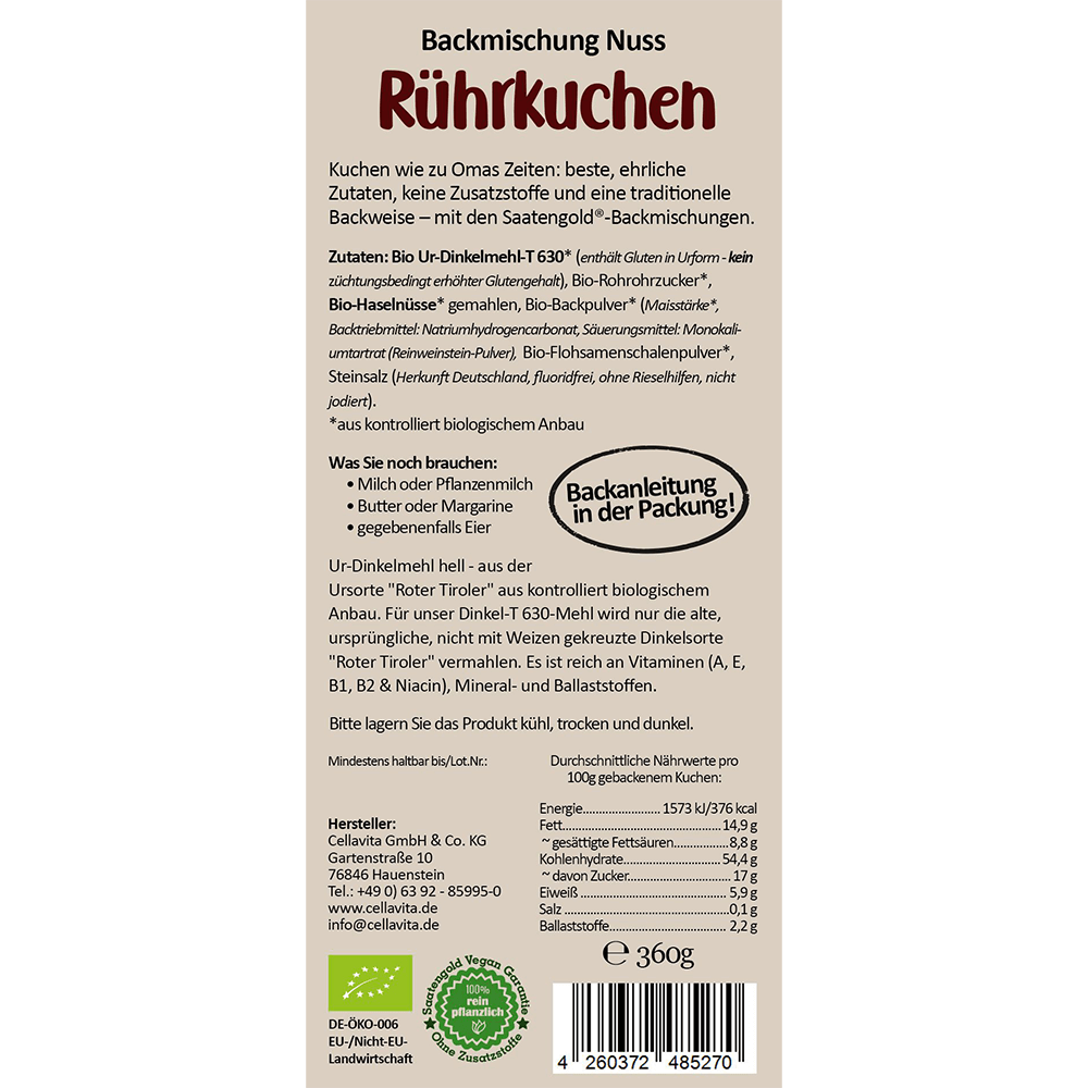 Bio Nusskuchen Backmischung Ur-Dinkel hell