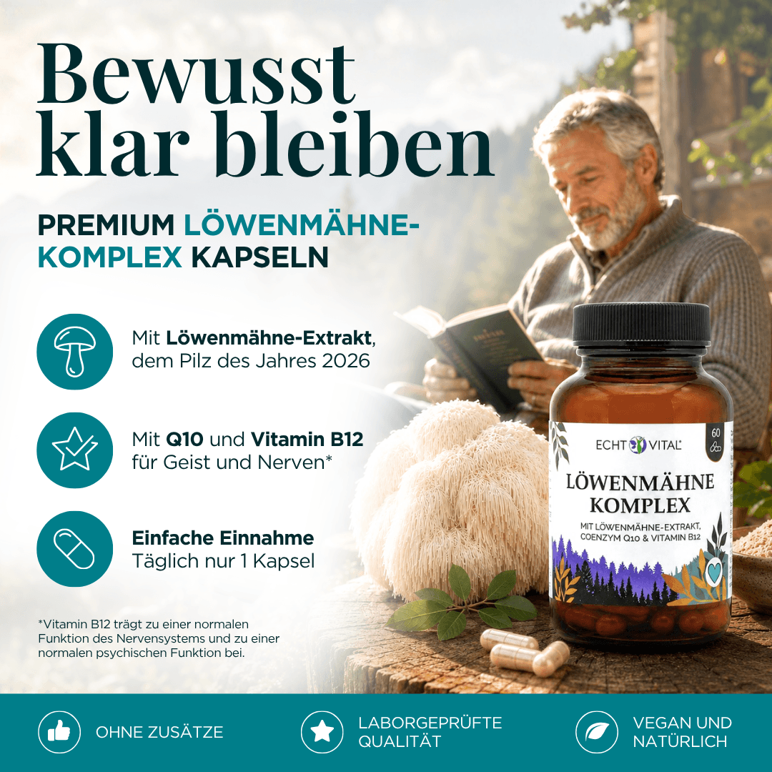 Löwenmähne-Komplex Kapseln mit Löwenmähne-Extrakt, Q10 und B12