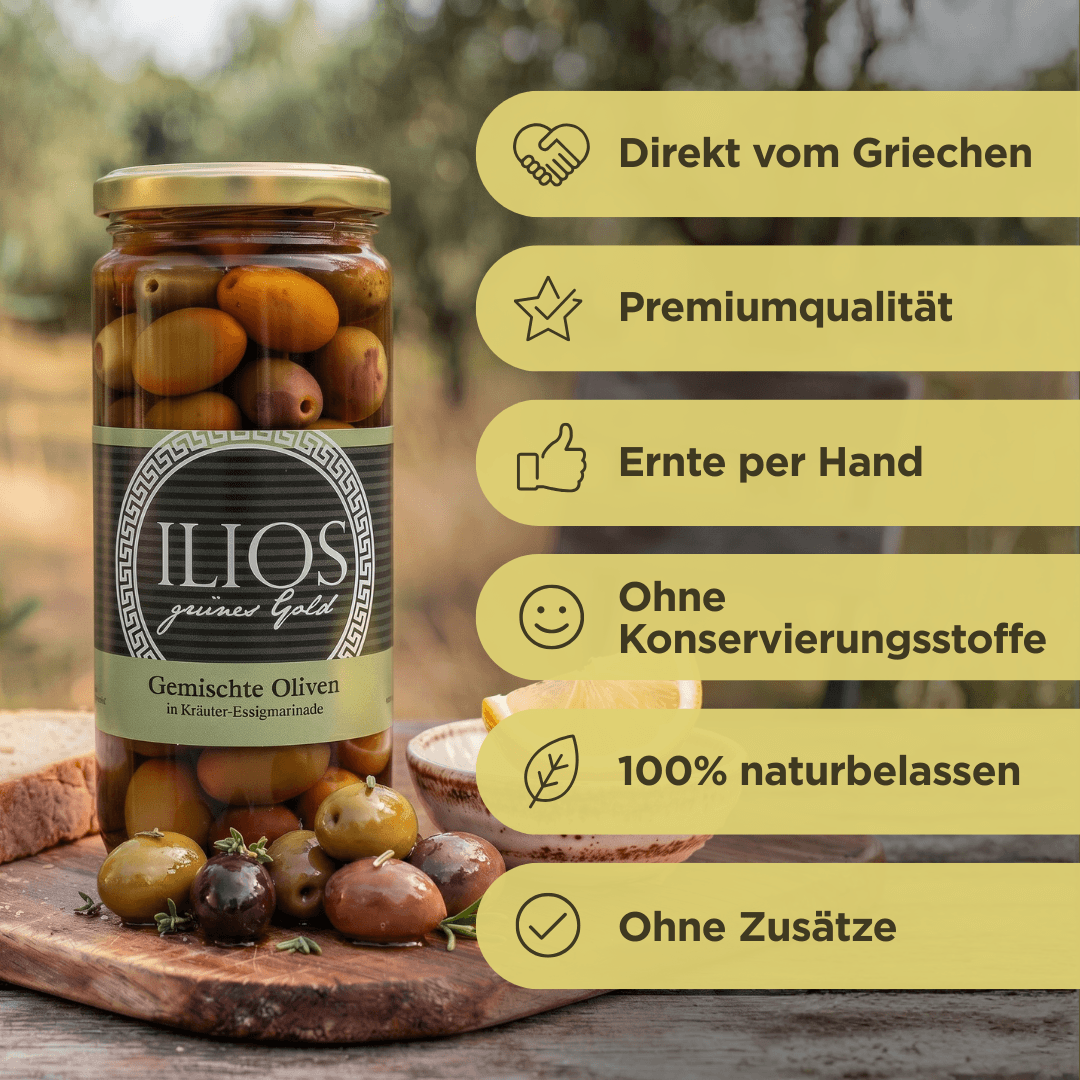 Gemischte Oliven in Kräuter-Essigmarinade