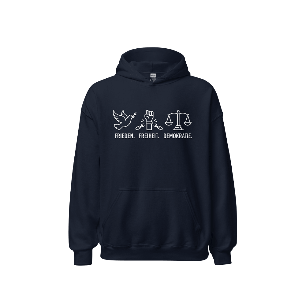 Kapuzenpullover „Frieden. Freiheit. Demokratie.“