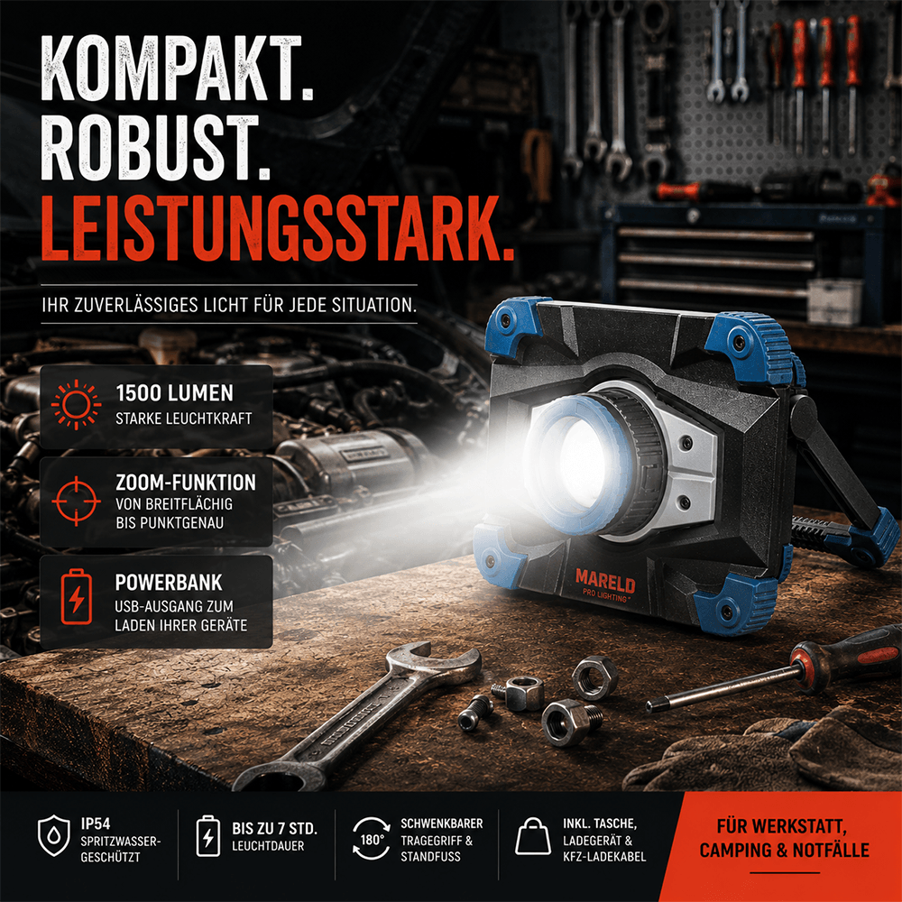 LED-Arbeitslampe mit Akku, 1500 Lumen und Zoom-Funktion