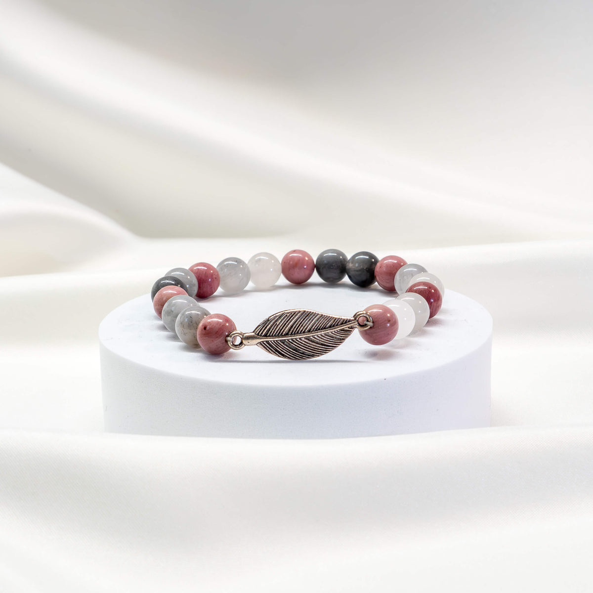 Mala Armband Rhodonit/grauer Quarz mit Feder