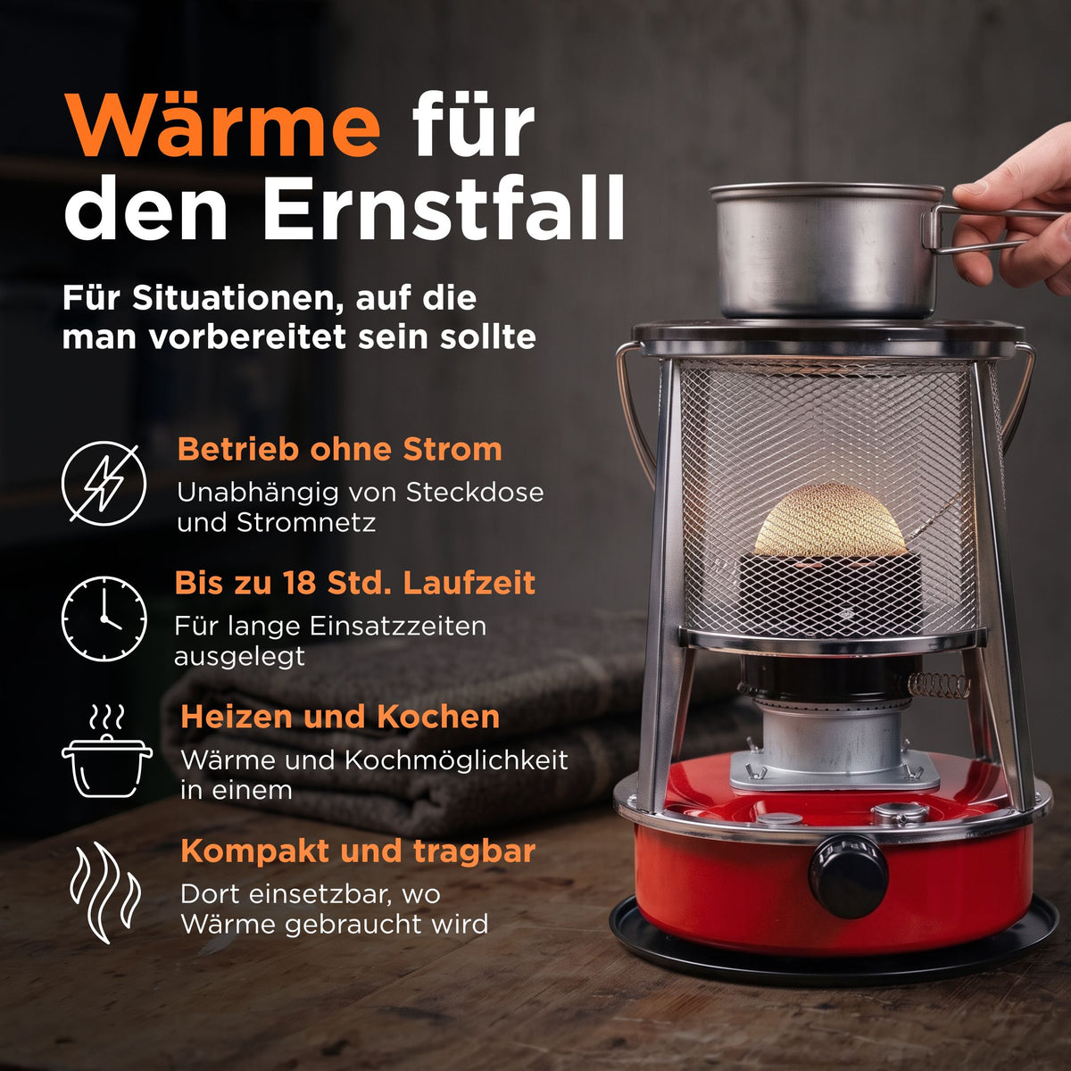 Notfallheizung mit Kochfunktion