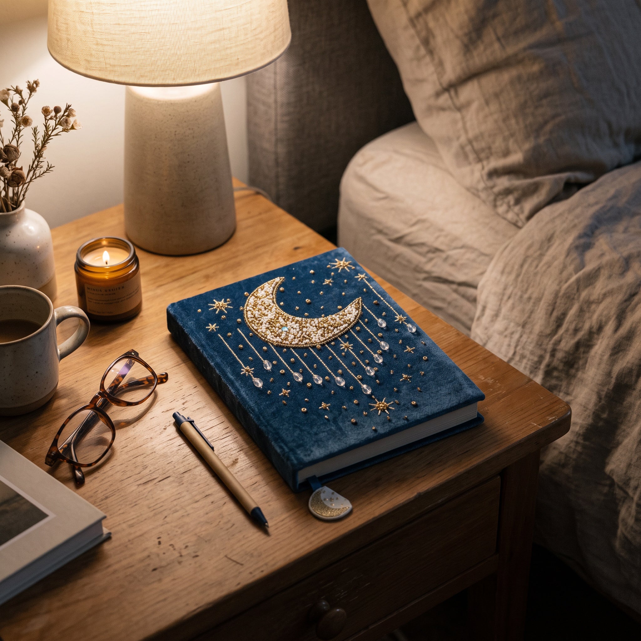 Notizbuch Samt blau mit Mond – Detail