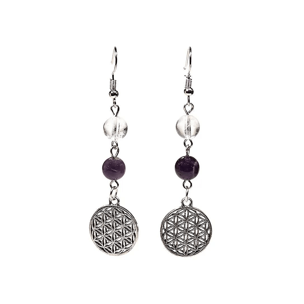 Ohrringe Bergkristall/Amethyst mit Blume des Lebens