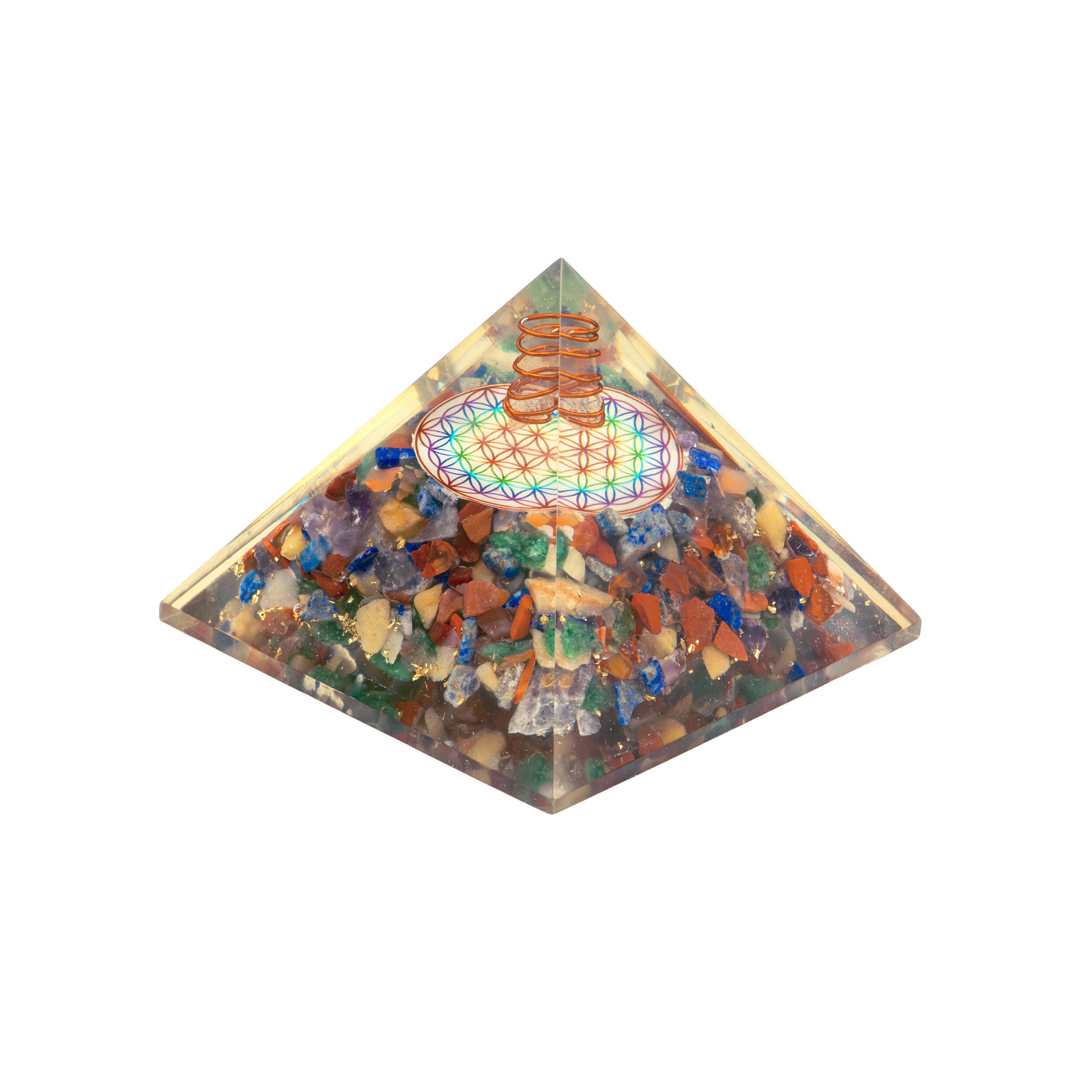 Orgonit Pyramide Chakra Blume des Lebens mit Kristallspitze