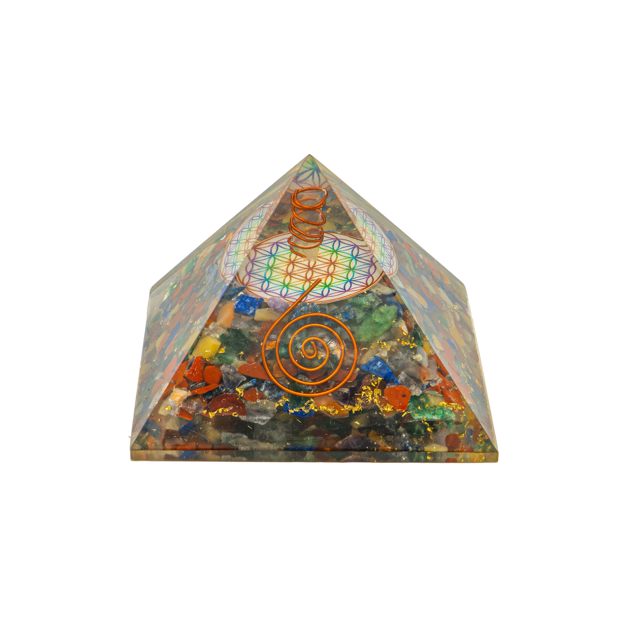 Orgonit Pyramide Chakra Blume des Lebens mit Kristallspitze