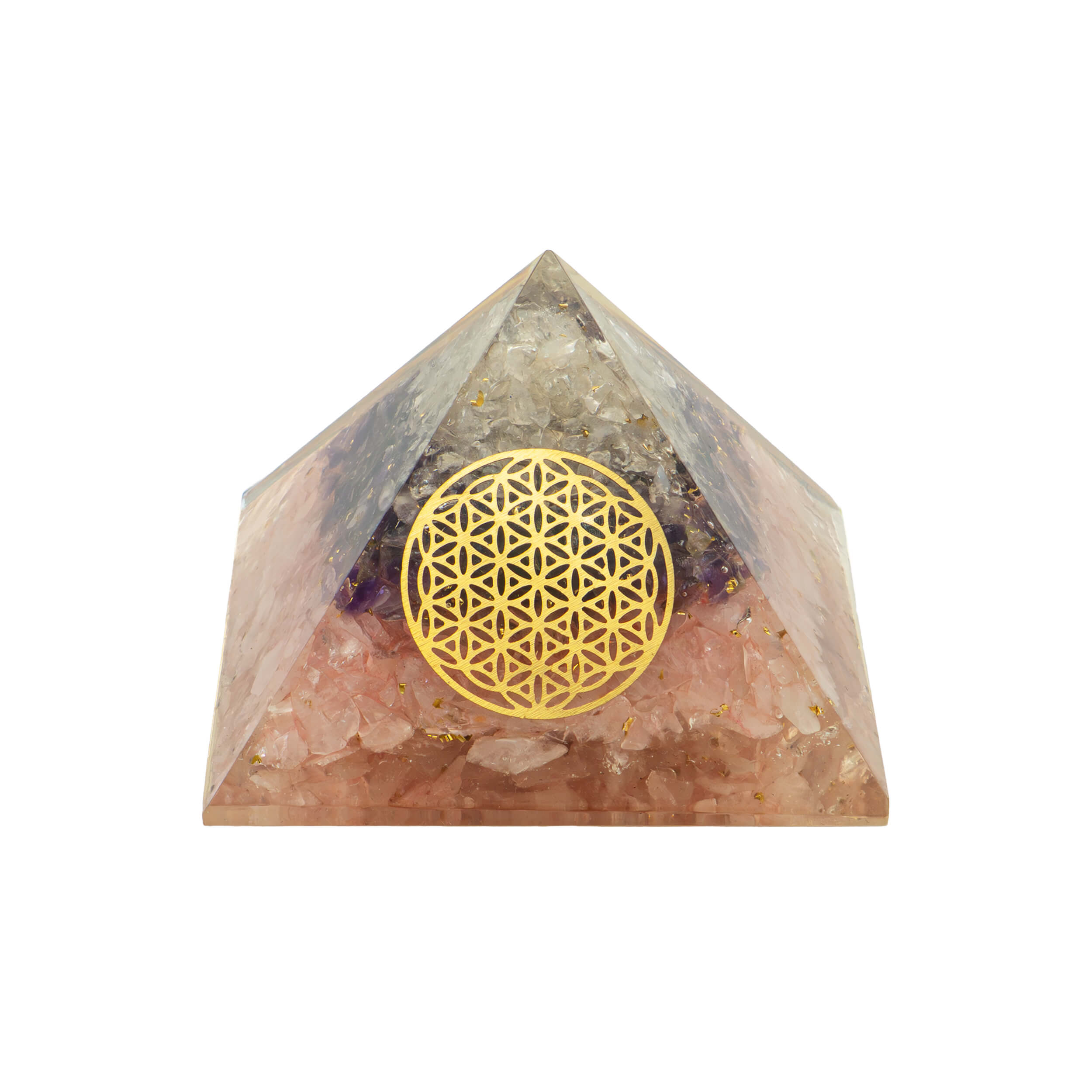 Orgonit Pyramide Goldene Dreieck mit Blume des Lebens