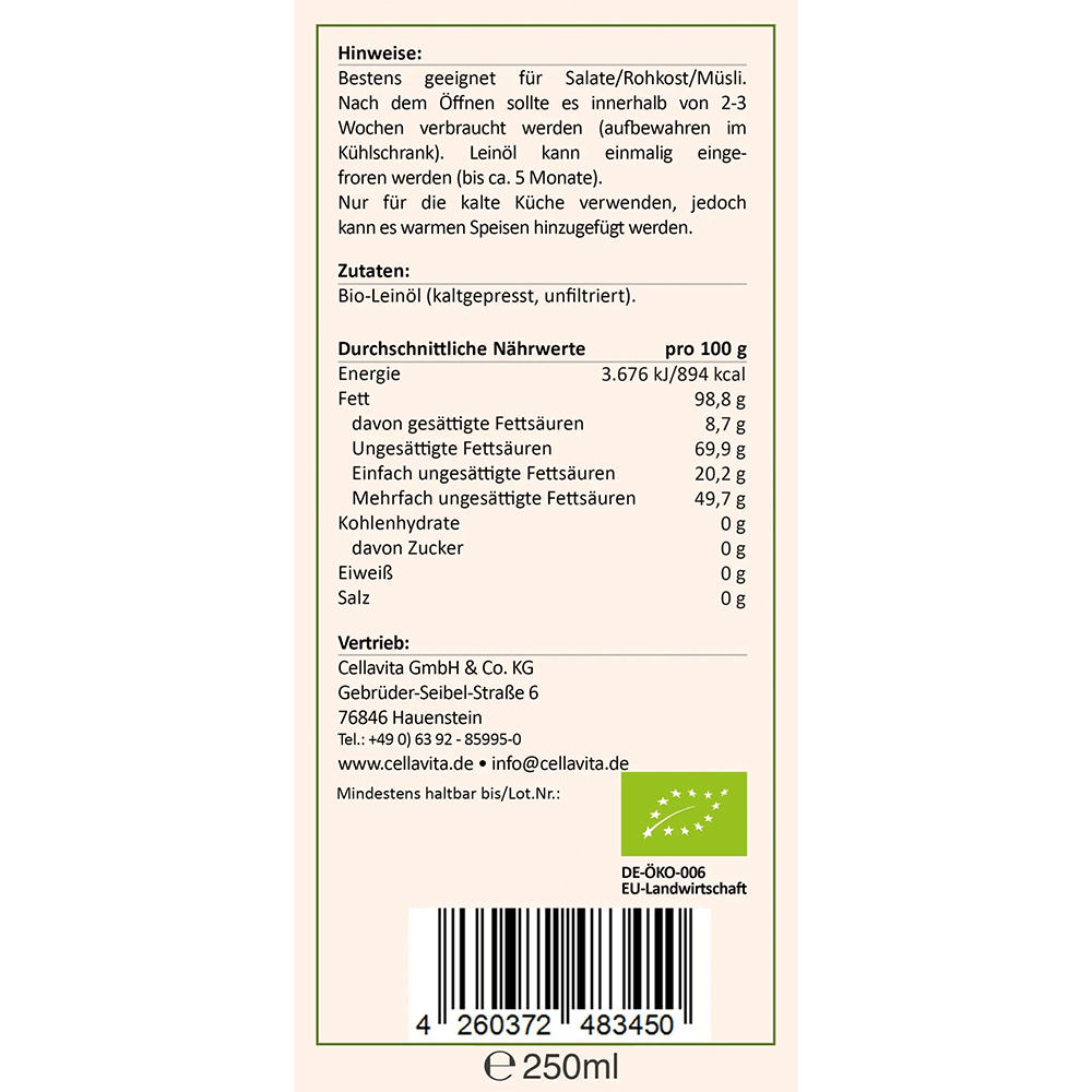 Bio Leinöl kaltgepresst und ungefiltert