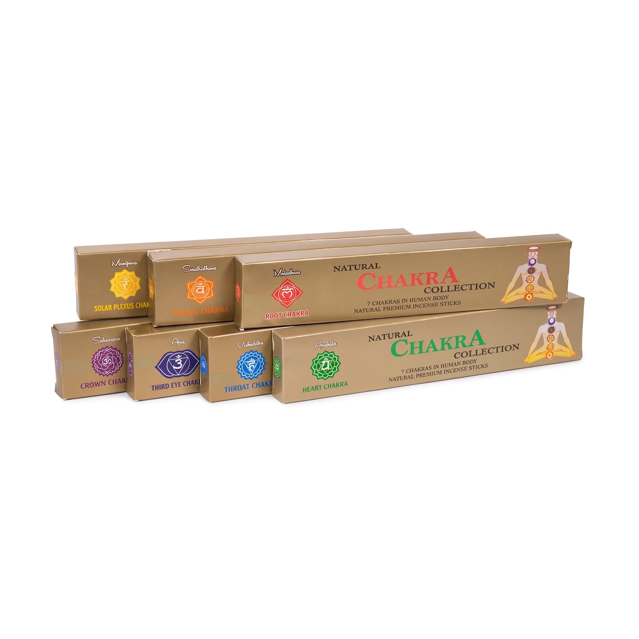 Die sieben Packungen des Räucherstäbchen Geschenksets 7 Chakren