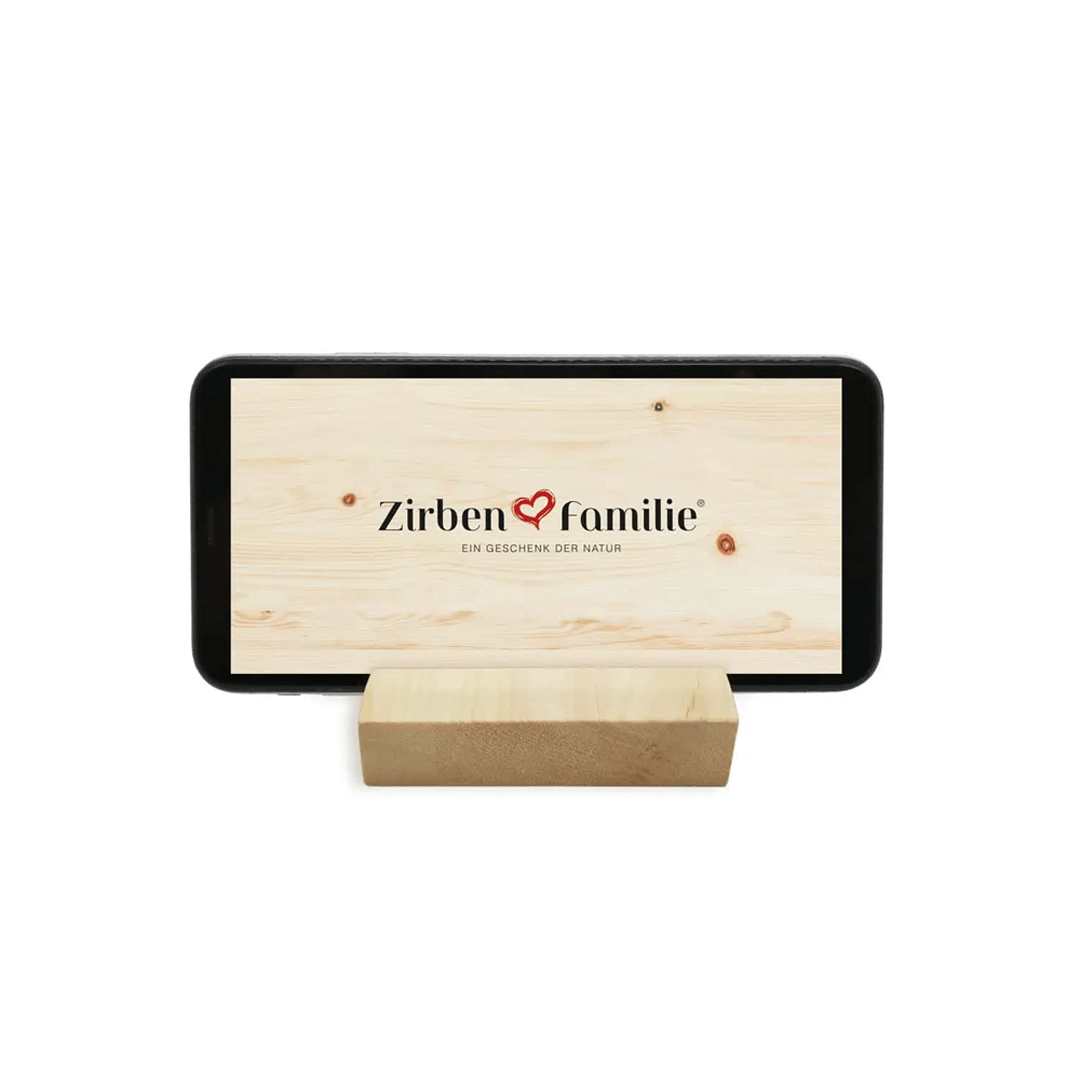 Halter für Smartphones und Tablets aus Zirbenholz